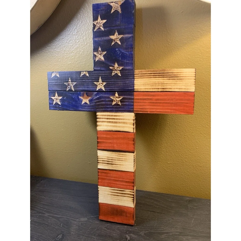 Rustic Handcrafted Wooden Cross USA American Flag Patriotic Wall Decor
